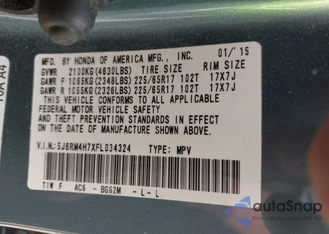 2015 Honda Cr-V Exl z USA, uszkodzony, nr VIN 5J6RM4H7XFL034324